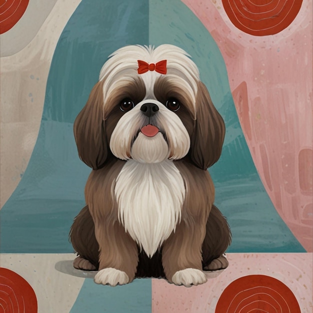 Vector a dog with a bow on its head sits in front of a wall with a pink and blue and pink and blue and red circles