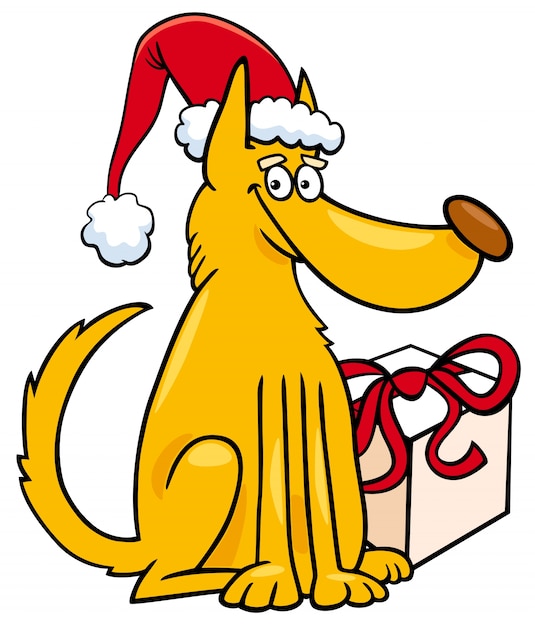 dog with Christmas gift cartoon