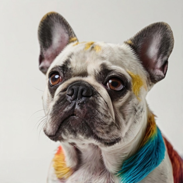 a dog with a colorful shirt on it that says  dog