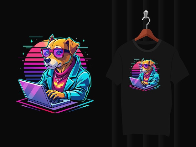 Vector dog with computer tshirt design artwork