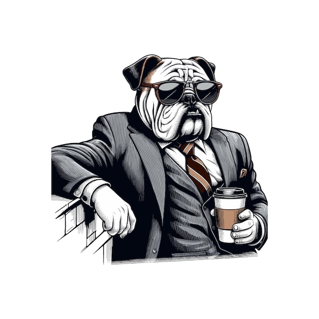 a dog with a cup of coffee in his hand is holding a coffee business bull dog with drinking coffee