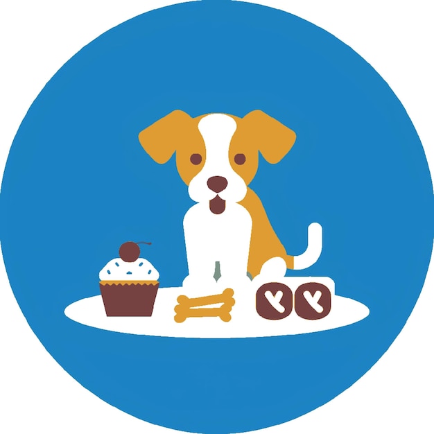 Vector dog with food bowl and bone on blue background