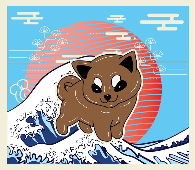 dog with japanese background illustration