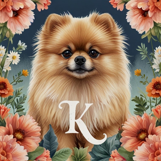 Vector a dog with a letter k on it is standing in front of flowers