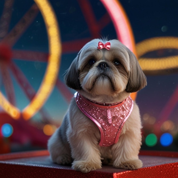 Vector a dog with a pink bow on its neck sits on a platform