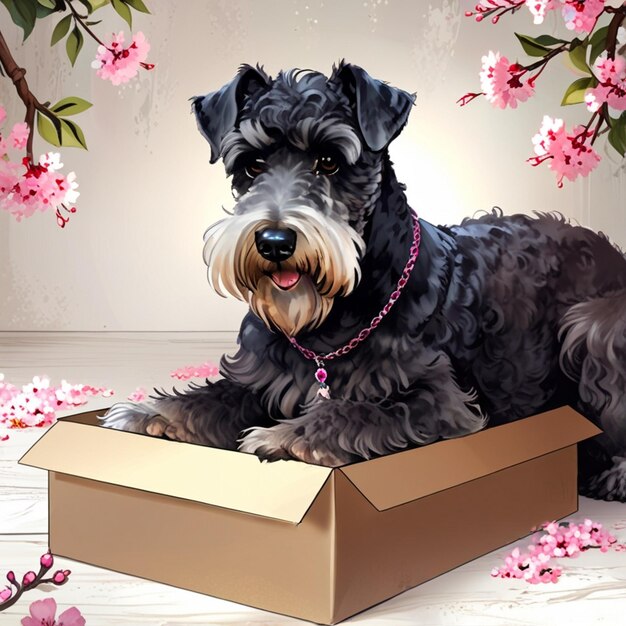 Vector a dog with a pink collar sits in a box with the words  the name  on it