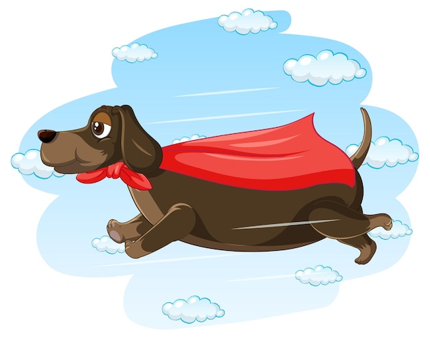 Dog with red cape flying in the sky