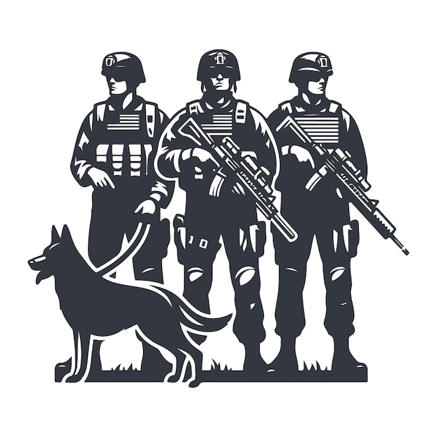 Dog with security guard police standing black silhouette vector illustration