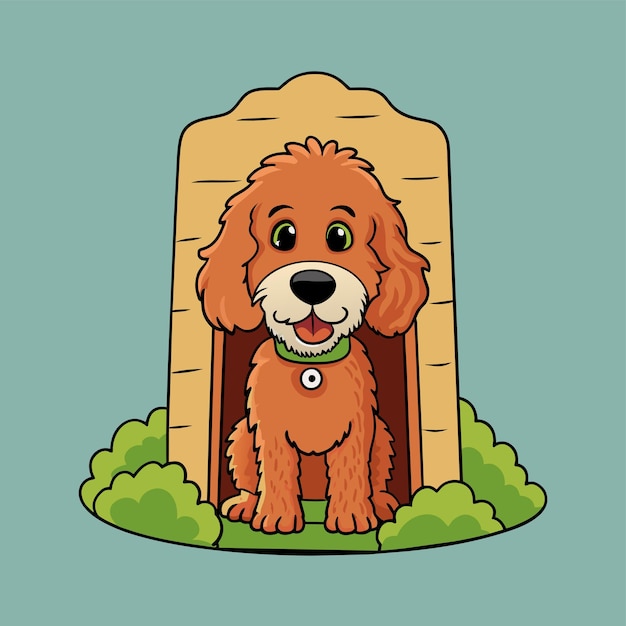 Vector a dog in a wooden door with a tag that says quot poodle quot