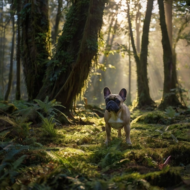 Vector a dog in the woods with the sun shining through the trees