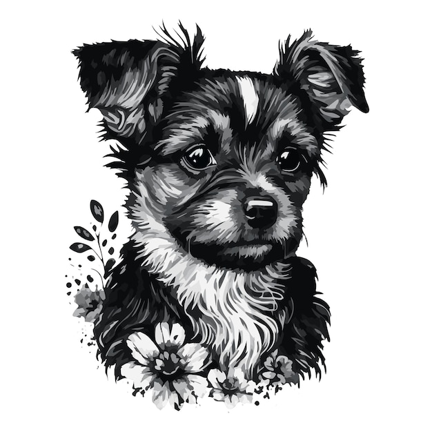 Dog, Yorkshire Terrier breed, black and white portrait, abstract brush painting.