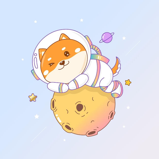 Doge coin cartoon Shiba inu top on the moon in the galaxy with stars