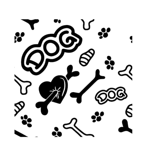 Doggy seamless pattern with paw print and text Simple hand drawn repeat vector illustration