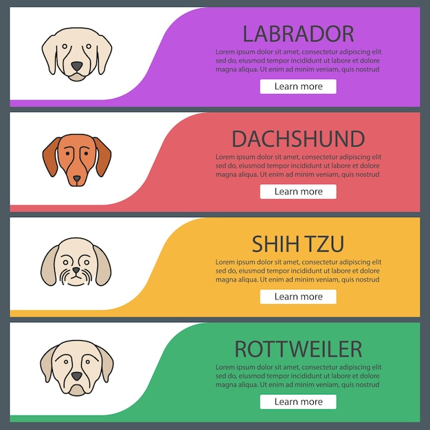 Dogs breeds web banner templates set. Website color menu items. Labrador, Dachshund, Shih Tzu, Rottweiler. Vector headers design concepts