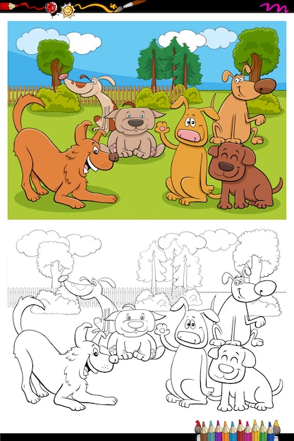 Dogs cartoon characters group coloring book page