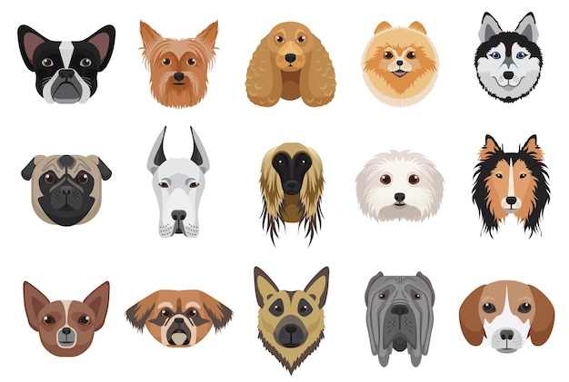 Dogs cartoon heads face emoticons set