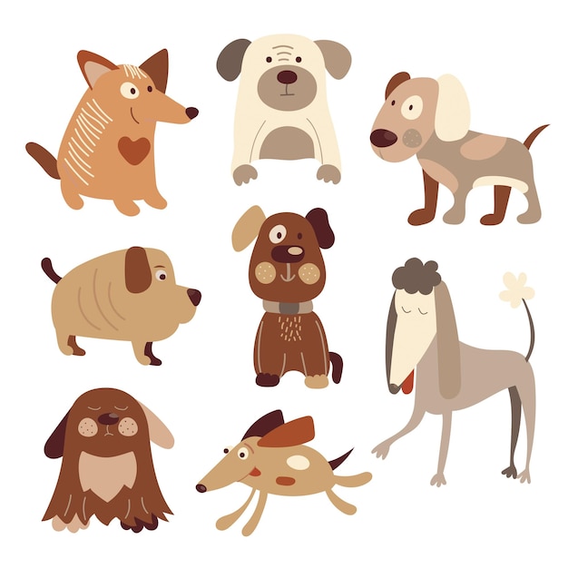 Dogs of different breeds cartoon style cute and playful