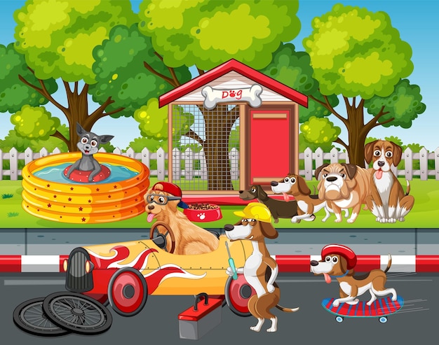 Dogs driving a car and dog fix the car on park background