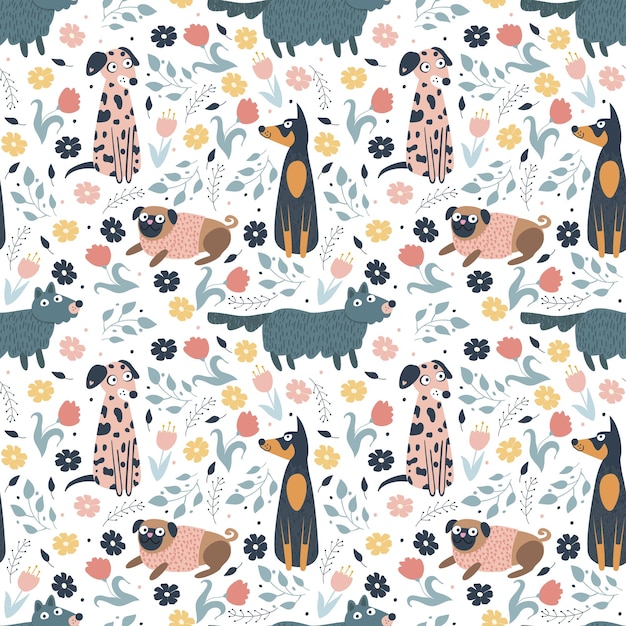 Dogs and flowers Seamless pattern Vector illustration