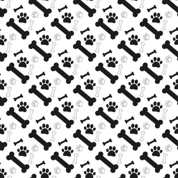 Dogs pattern in doodle style with bones and paws on white background Doodle vector illustration Cute seamless pattern for fabric textile postcards