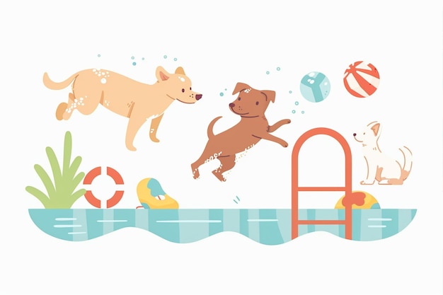 Vector dogs playing in pool illustration