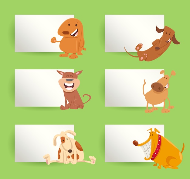 Dogs and puppies cartoon cards design set