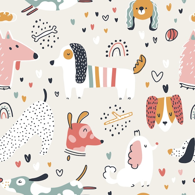 Dogs seamless pattern Cute animals in simple nursery cartoon style