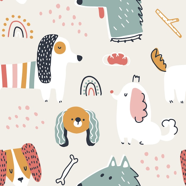 Dogs seamless pattern Cute animals in simple nursery cartoon style