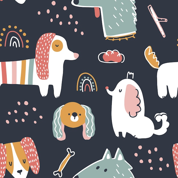 Dogs seamless vector pattern Cute animals in simple naive Scandinavian trendy cartoon style