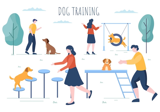 Dogs Training Center at Playground with Instructor Teaching Pet for Tricks and Skill in Illustration