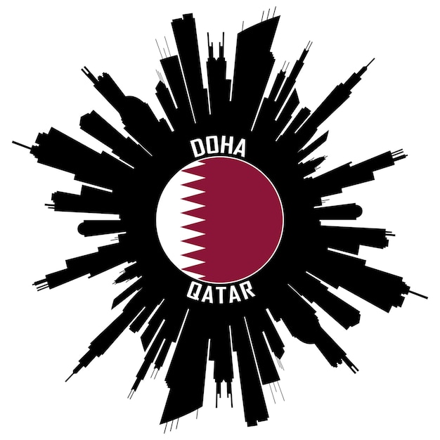 Doha Skyline Silhouette Qatar Flag Travel Souvenir Sticker Vector Illustration