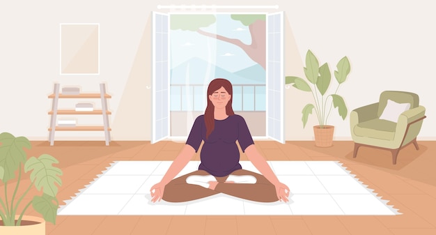 Doing yoga during pregnancy flat color vector illustration