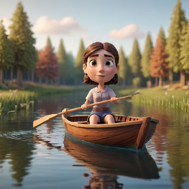 Vector doll with a wooden paddle is sitting in a canoe