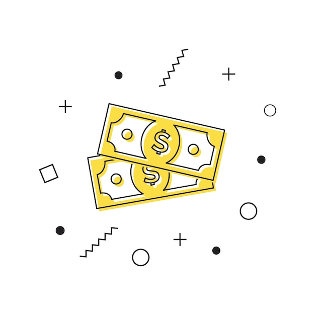 Dollar bills icon vector. Yellow dollar icon with geometric shapes on white background. Money icon