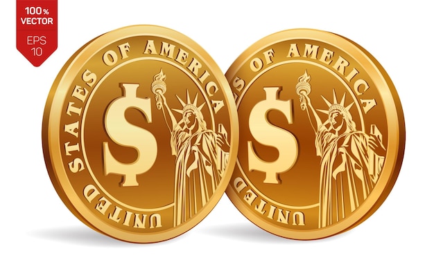 Dollar coin 3D isometric Physical golden coins with Dollar symbol and with the image of the Statue of Liberty isolated on white background American money Vector illustration