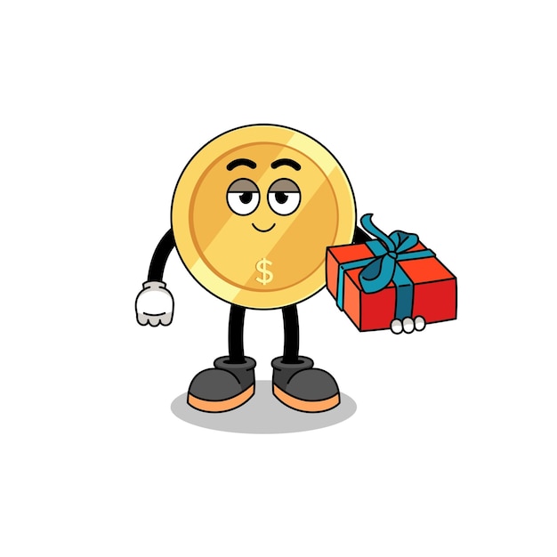 Dollar coin mascot illustration giving a gift character design