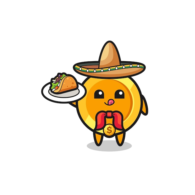 Dollar coin Mexican chef mascot holding a taco cute design