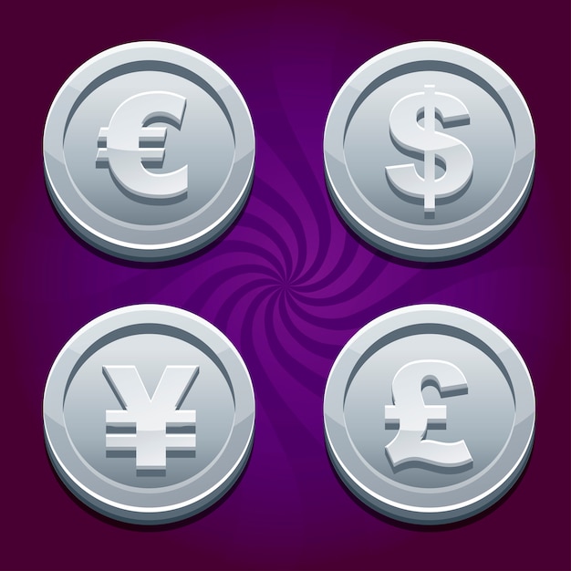 Dollar, Euro, Pound and Yen, silver coins