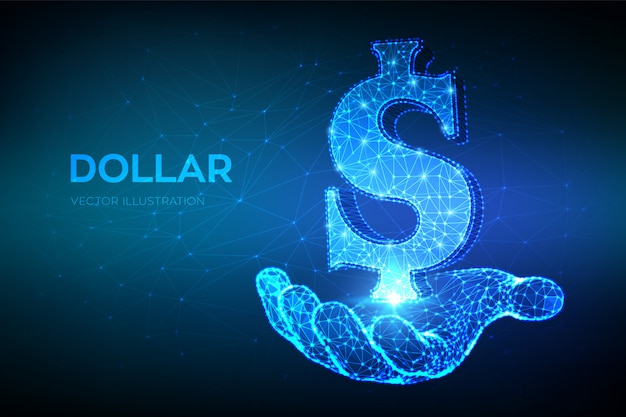 Dollar. Low polygonal abstract mesh line and point United States Dollar sign in hand.