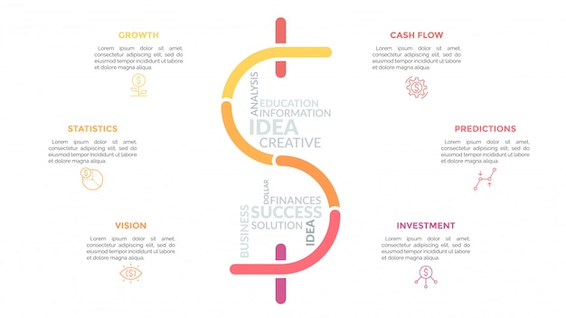 Dollar sign consisted of multicolored lines and surrounded by linear icons and text boxes. Concept of finance, money saving and investment.