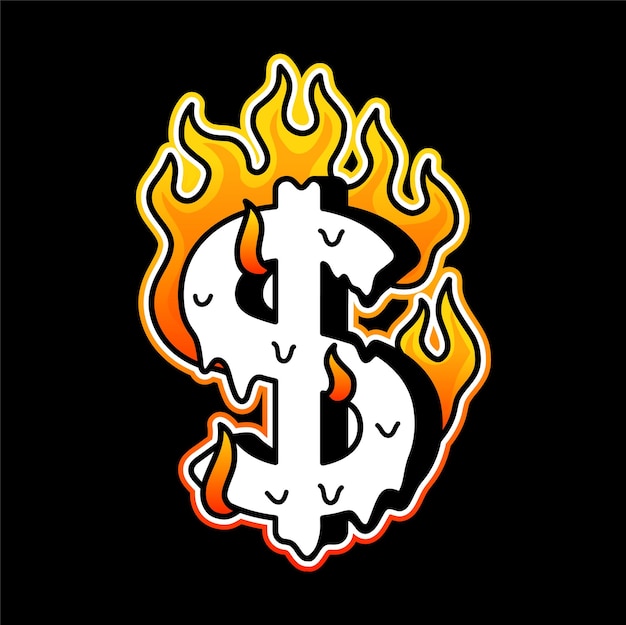 Dollar symbol burn in fire tshirt printVector cartoon graphic illustration logo designMoneydollarfire print for postertshirtlogo concept