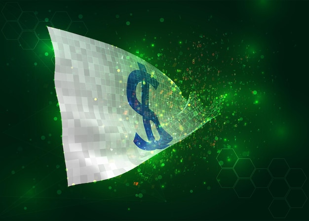 Dollar on vector 3d flag on green background with polygons and data numbers