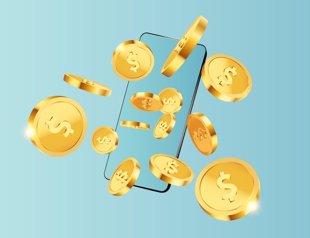 Dollars gold coins  flying from the phone on blue background