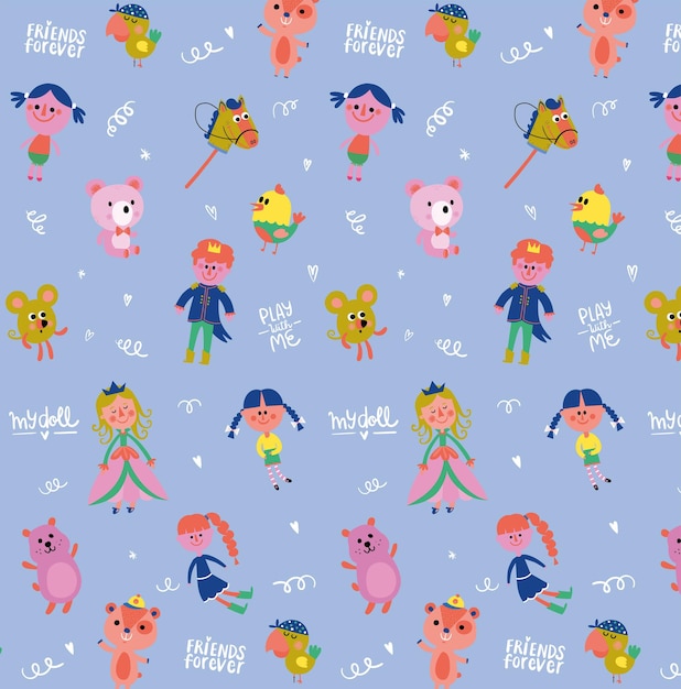 Dolls Toys and Stuffed Animals Cute Illustrated Seamless Pattern