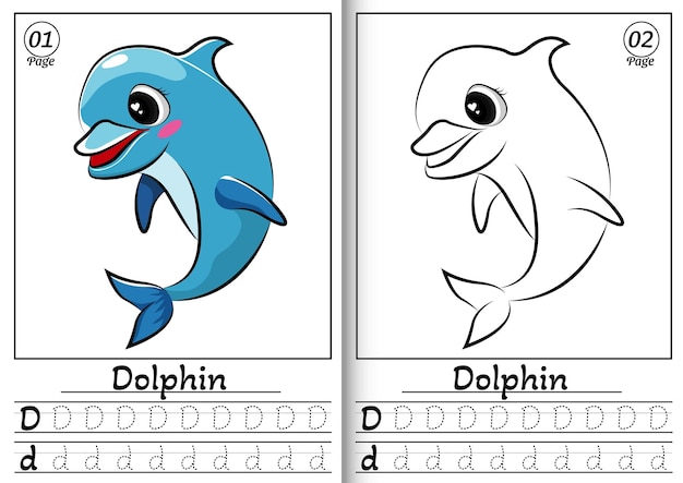 Dolphin Alphabet ABC Coloring Page D Tracing letters of English alphabet Preschool activity for kids