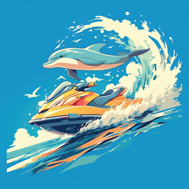 A dolphin on a jet ski cartoon style