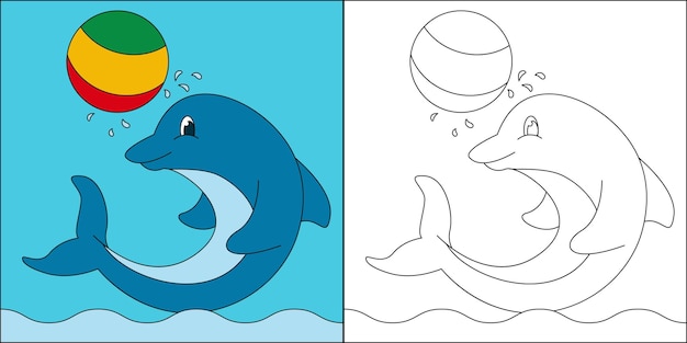 Dolphin jumping playing ball suitable for children's coloring page vector illustration