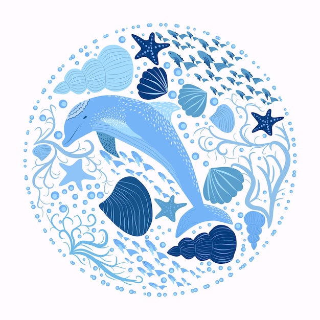 Vector dolphin and marine elements isolated on a white background