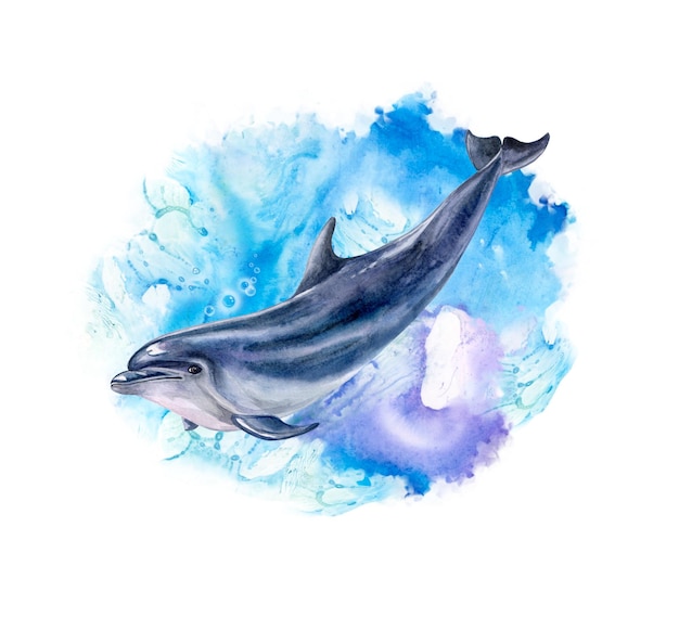 A dolphin realistic and abstract marine wave background Watercolor Illustration Template