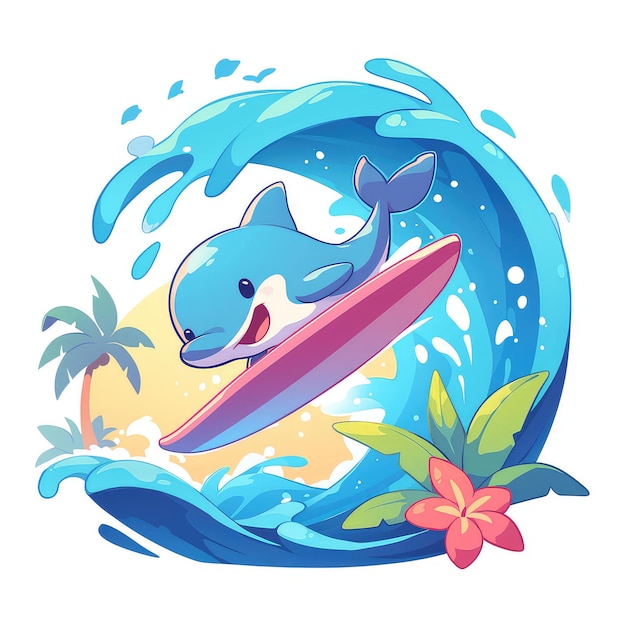 A dolphin riding a surfboard cartoon style